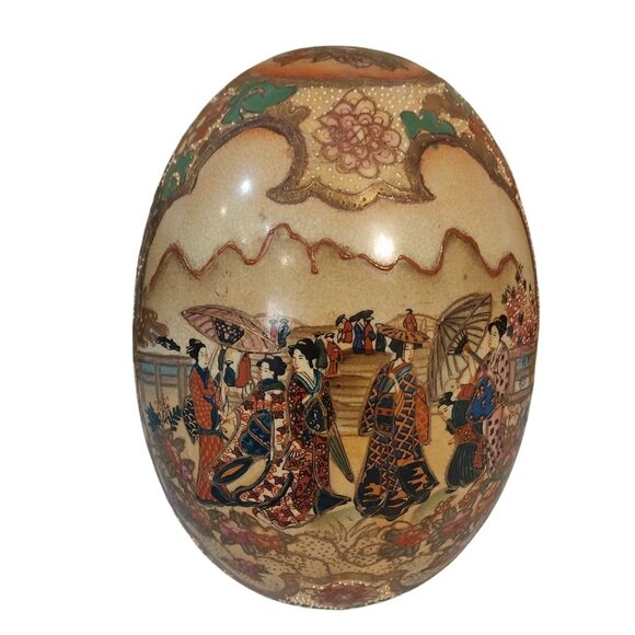Satsuma Chinese Large Oval Porcelain Display Gold Egg China Moriage Beading - Picture 2 of 8